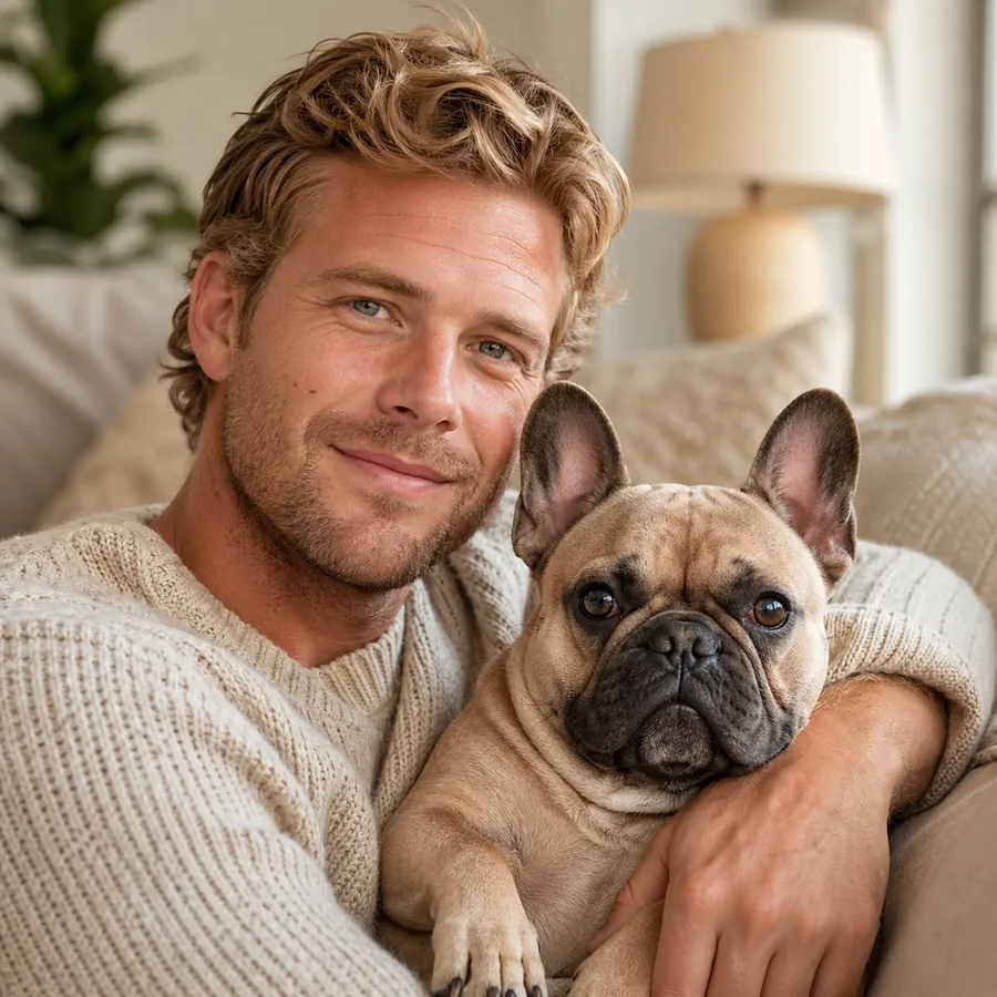 A man sitting on a sofa with his fawn French Bulldog resting against him