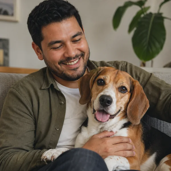 A beagle sitting with his owner at home