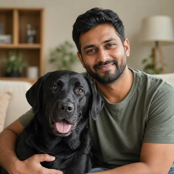 A man sitting with his black Labrador