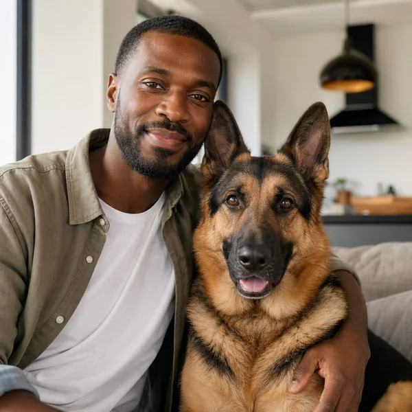 Man sitting with his German Shepherd