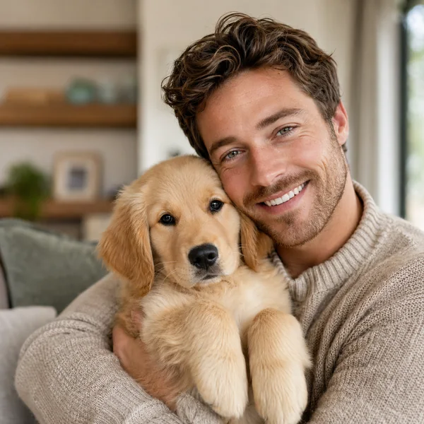 A man holding a golden retriever puppy