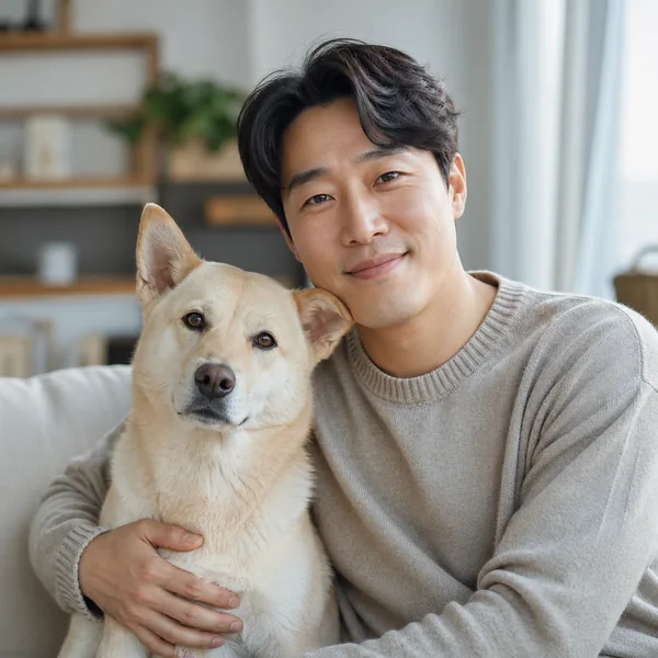 A man sitting with his dog at home