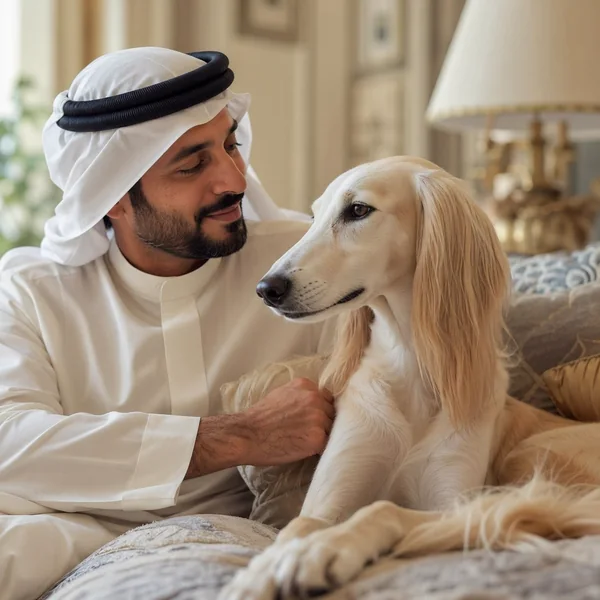 A man with his Saluki at home