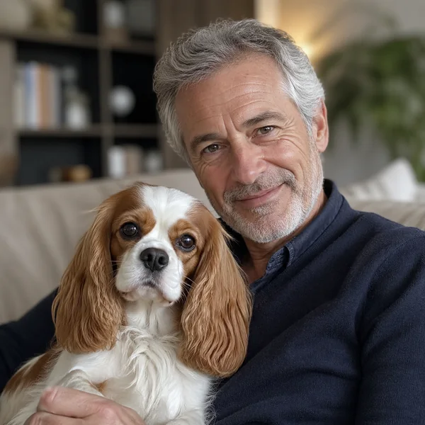 An older man with his Cavalier King Charles Spaniel