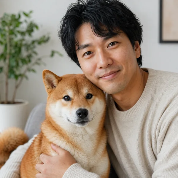 A man with his Shiba Inu