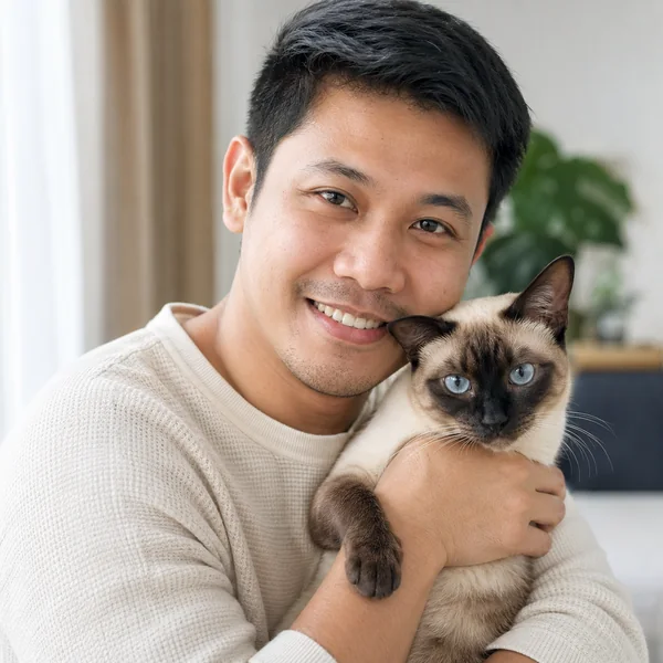 A man holding his Siamese cat indoors