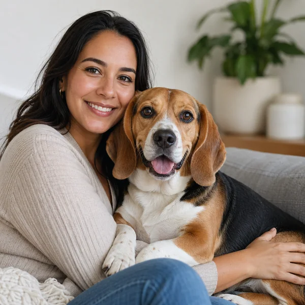 A woman on a sofa with her beagle