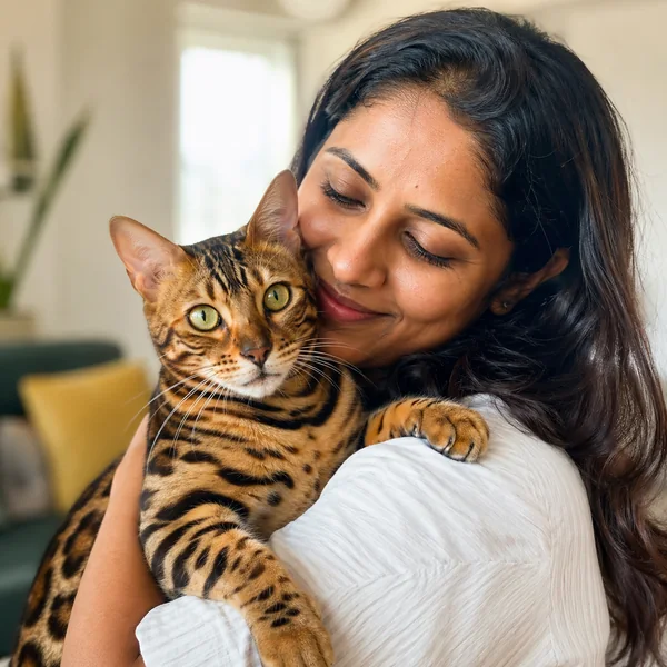 A woman holding her Bengal cat