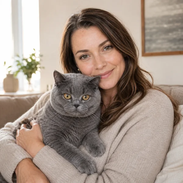 A woman holding her British Shorthair cat
