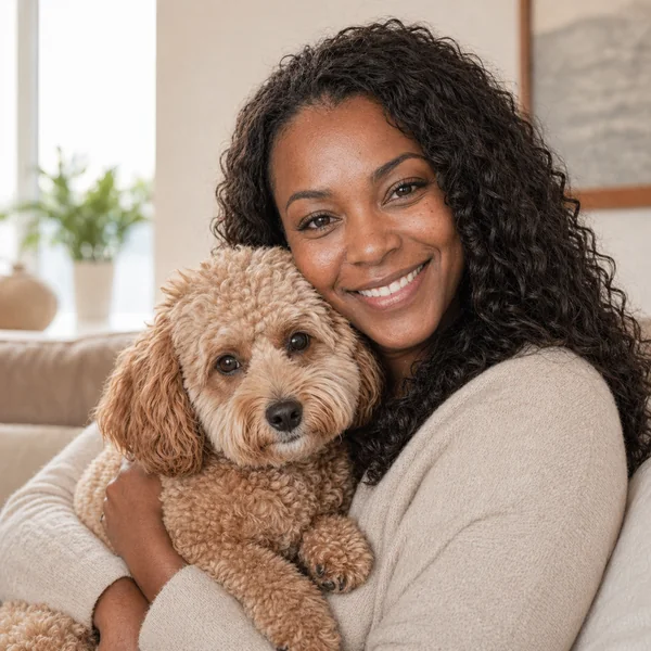 A woman holding her cockapoo