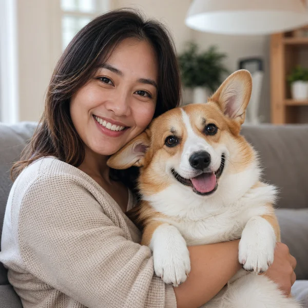Woman hugging a corgi