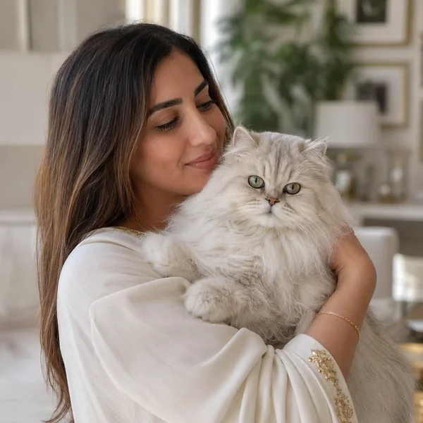 A woman holding her Persian cat