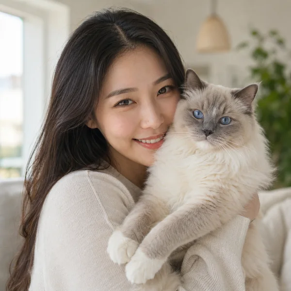 A woman holding her Ragdoll cat