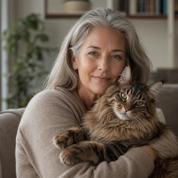 An older woman holding her Maine Coon cat