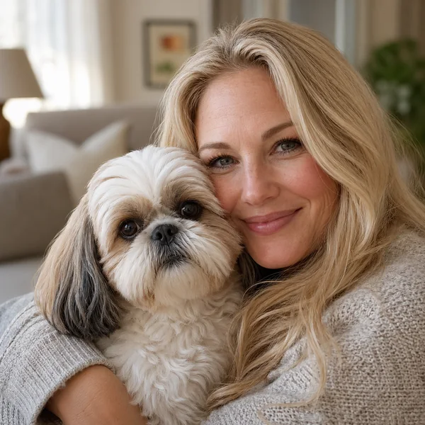 A woman holding her Shih Tzu